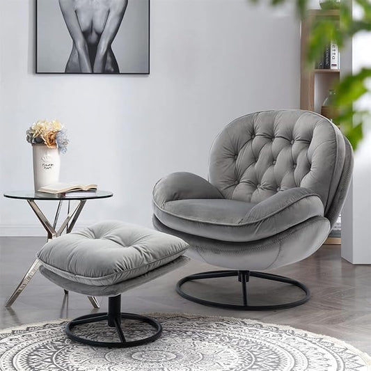 TRIPLE TREE Velvet Accent Chair with Ottoman 360 Degree Swivel Lounge Armchair with Metal Base Comfy TV Chair Recliner Chair for Living Room Bedroom Reading Room Office Gray