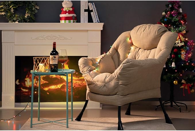 HollyHOME Lazy Chair with Armrest and Side Pocket Comfy Accent Lounge ChairLeisure Sofa Armchair for Living Room Bedroom Dorm or Small Spaces Oversized Reading Sofa ChairCotton-Linen Tan