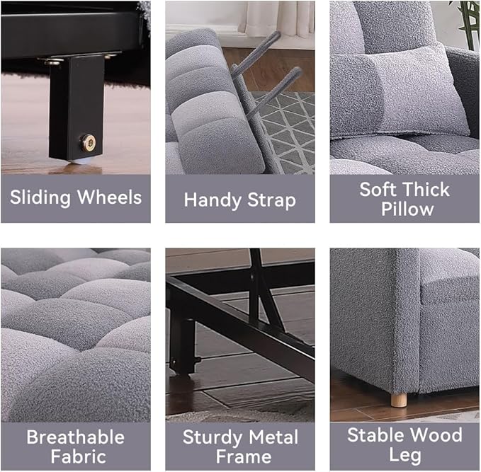 Loveseat Sleeper Sofa- 3 in 1 Convertible Sofa BedPull Out Couch with Adjustable BackrestMulti-Functional Lounge Chair with Teddy Fabric for Living RoomSmall Space (Grey)