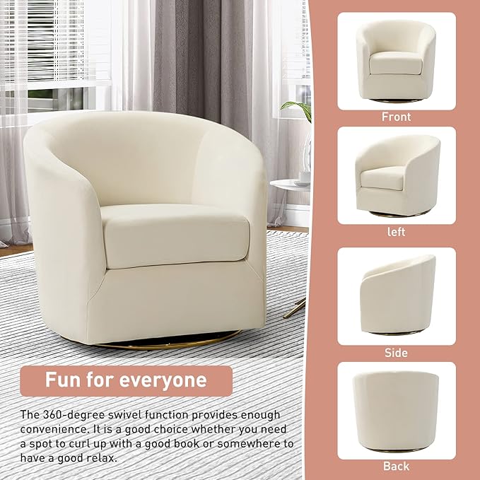 HULALA HOME Swivel Accent Chair with Gold Metal Base Set of 2 Contemporary Velvet Curved Swivel Barrel Chair Upholstered Club Armchair Leisure Single Sofa for Living Room Nursery Bedroom(Ivory)