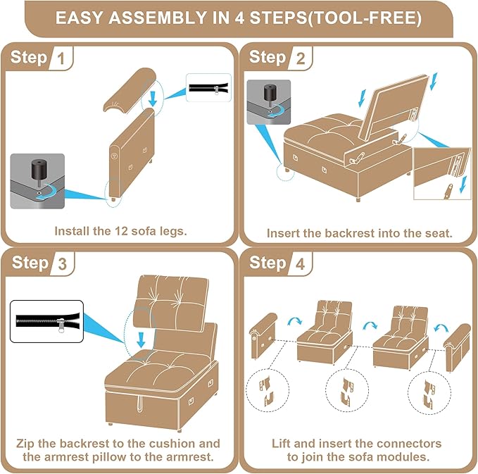 Sleeper Sofa Bed Queen Size Sofa Bed Convertible Pull Out Couch with Adjustable Backrest USB Port and Side Pockets Modern 2 Seater Small Couches for Living Room Space-Saving
