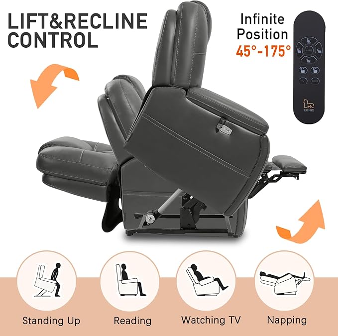 EONIX Triple Motor Lay Flat Power Lift Recliner Chair for Elderly with Adjustable Headrest 400lbs Electirc Lift Chair for Living Room Lumbar Pillow Extended Footrest Grey