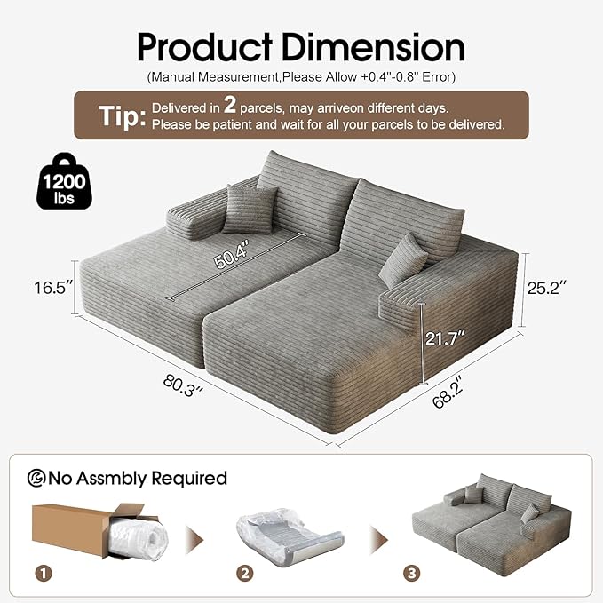 80.3''Oversized Double Lounge Chaise Sofa Bed Boneless Cloud Couch Deep Seat No Assembly Required Modern Corduroy Sleeper Loveseat Chair for Living Room Bedroom Reading(Grey)