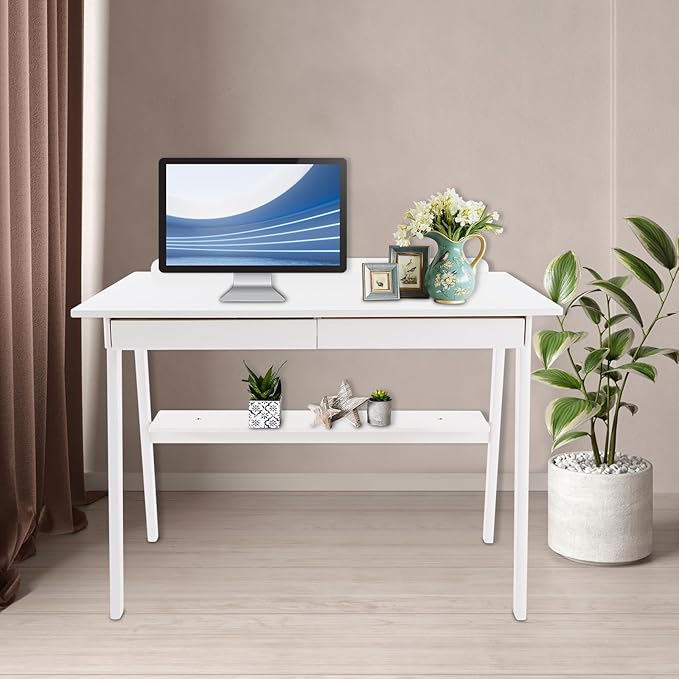 Modern Computer Desk with 2 Drawers &amp Storage Shelf Solid Wood Writing Desk for Home Office 39.3 Large Desktop 330 lbs Load Capacity Ergonomic Study Table (White)