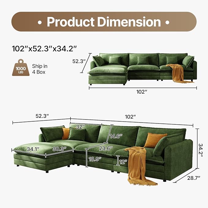 102'' Modular Sectional Sofa Green Couch Cloud Couches for Living Room L Shaped Couch with Movable Ottoman Modern Cloud Sectional Sofas for Bedroom and ApartmentGreen