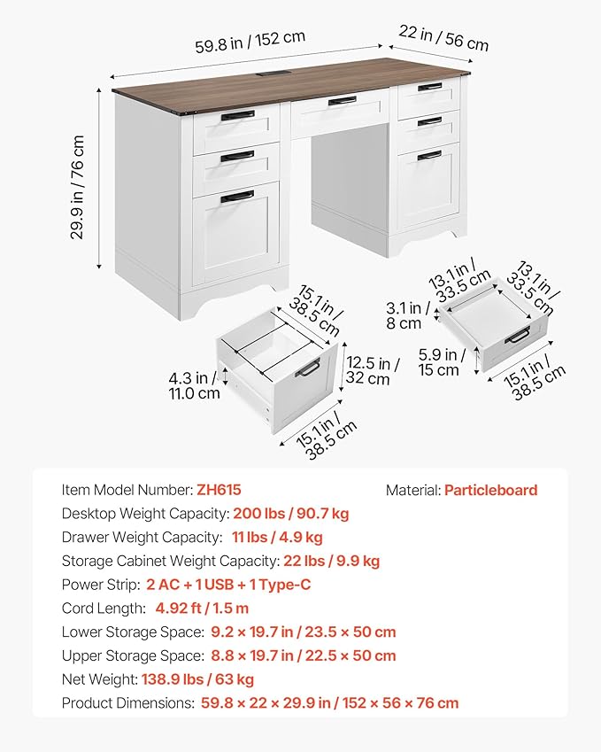 VEVOR 60 Executive Desk with Drawers Farmhouse Home Office Desk with Charge Station Keyboard Tray File Storage Cabinet 200 LBS Load Capacity Wood Table Easy Assembly for Work Study Walnut