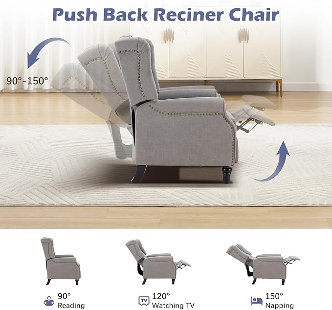 EBELLO Push Back Recliner Chair Fabric Accent Chair Pushback Recliner with Rivet Decoration Button-Tufted Back Mid Century Wingback Armchair for Living Room Bedroom Grey