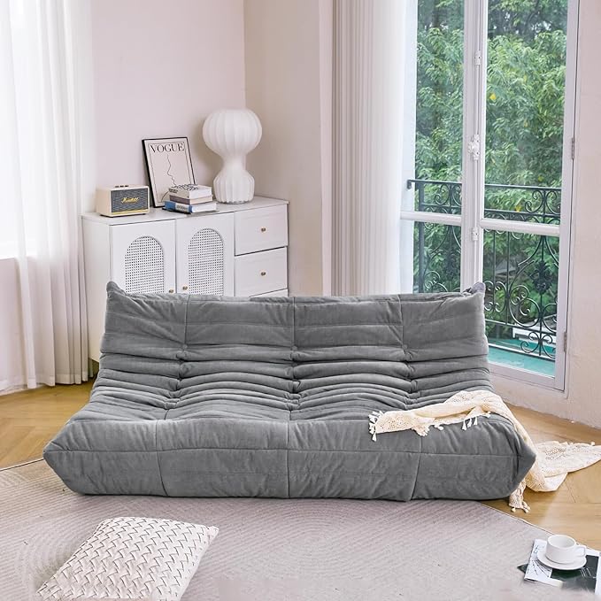 N&ampV Fireside Chair Mid Century Armless Floor Sofa Soft Premium Microfiber Floor Lounge Chair Foam Sofa Accent Chair for Living Room Bedroom and Office (Grey Three Seater)