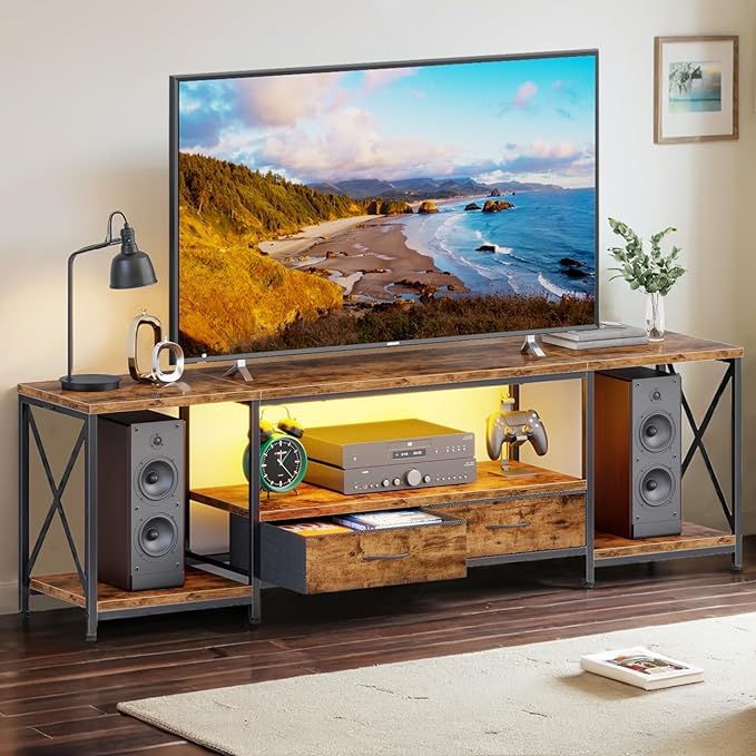 LED TV Stand for 75 70 Inch TV with Fabric Drawers LED Entertainment Center Television Stands with Storage Shelves for Living Room Bedroom TV Console Table 63 Rustic Brown