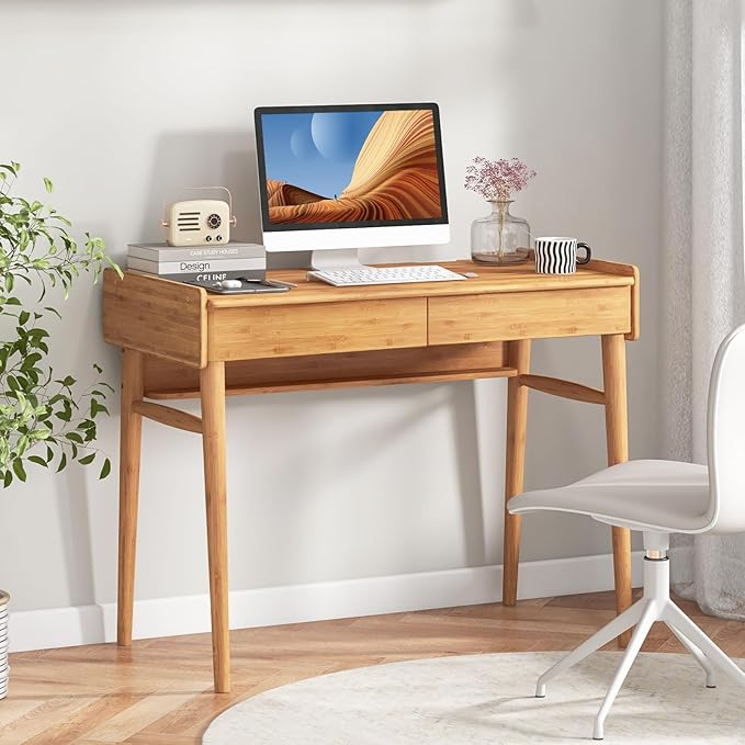 Giantex Computer Desk 39.5 Bamboo Home Office Desk with 2 Storage Drawers and Open Shelf Makeup Table Vanity Desk Modern Writing Desk Computer Workstation for Bedroom Study Natural