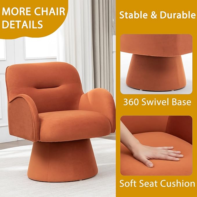Swivel Chair with Armrest Modern Velvet Barrel Chairs with Curve Back Soft Cushion Comfy Accent Round Armchair Single Sofa for Living Room Bedroom Orange