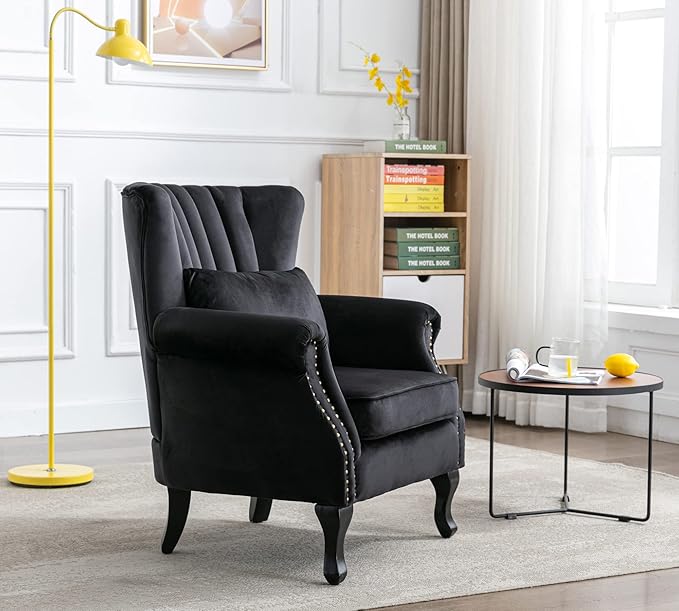 Mid Century Modern Accent Chair Upholstered Armchair Comfy Velvet Fabric Single Sofa with Lined Wingback for Small Spaces Bedroom Living Room Velvet Black 30.1D x 30.5W x 35H in