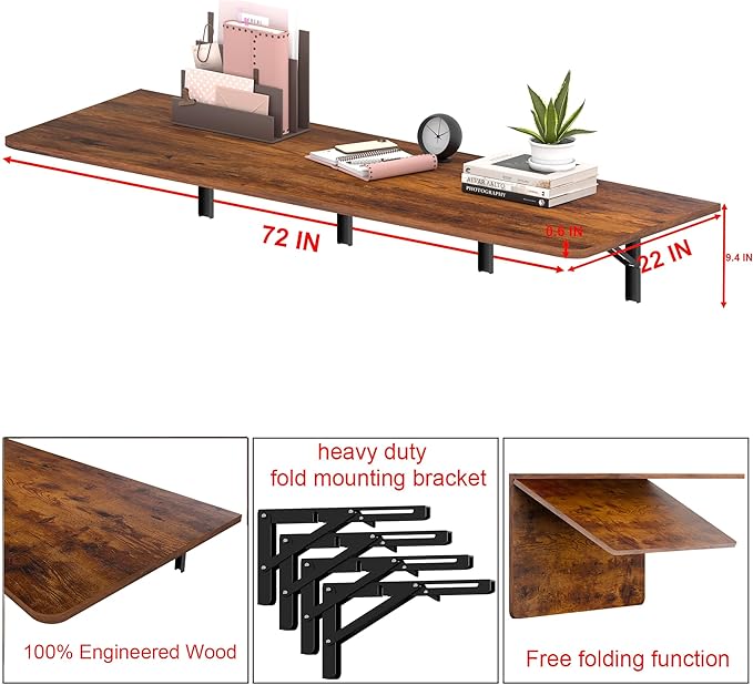 IAE 72 x 22 Floating Foldable DeskWall-Mounted Folding Computer Table with Engineered WoodStudy Table with Shelf BracketsFold Down ShelfFold Computer Desk for Small ApartmentHolds 500 lbRustic
