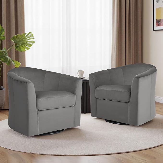 Swivel Accent Chair Upholstered Velvet Barrel Armchair Modern Round Single Sofa Seating Comfy Reading Corner Chairs for Living Room Bedroom Fully Assembled (Velvet Grey Set of 1)