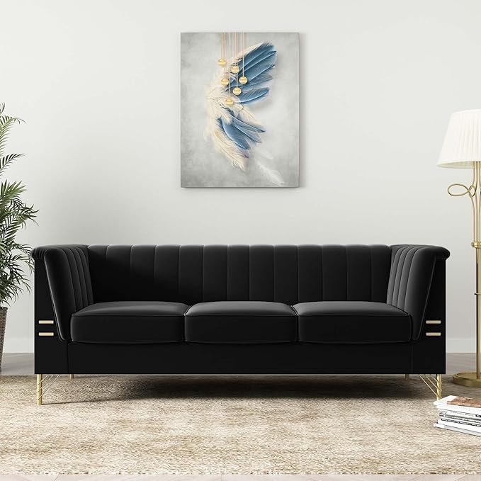 Tomkate 83 Black Velvet Chesterfield Sofa Mid-Century Modern Tufted 3-Seater Couch with Flared Arms Removable Cushions &amp Gold Metal Legs for Living Room (Black)