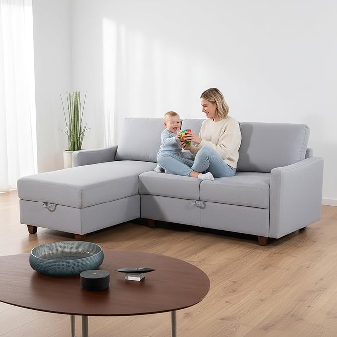 Sectional Sofa with Storage – Modern Upholstered Living Room Couch Reversible Chaise for Home Apartment Office 81.9” L Light Grey