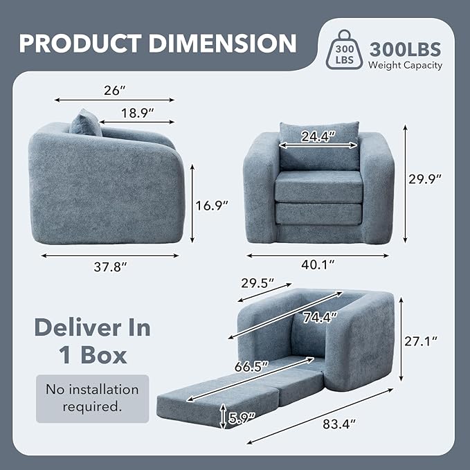 Convertible Sofa Bed Chenille Upholstered Pull Out Sofa Bed with Pillows 2-in-1 Sofa Chair with Minimalist Design Comfy Folding Mattress Couch for Apartment (Light Blue Single Sofa Bed)