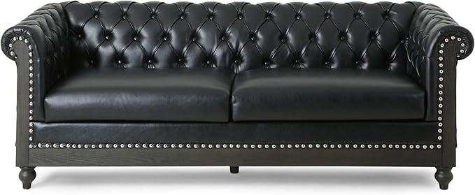 78.75''Chesterfield Sofa Couch Mid Century Modern Tufted Sofa with Rolled Arms and Nailhead 3-Seat PU Upholstered Couches with Solid Wood Legs for Living Room Office Black