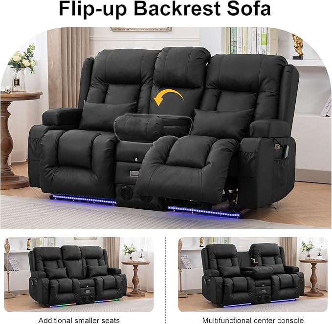 TUNYI Power Loveseat Recliner Sofa with Massage &amp Heat Home Theater Seating with Console RV Recliner Loveseat Sofa with USB/Storage/Side Pocket/LED Light/Speaker (Black Loveseat)