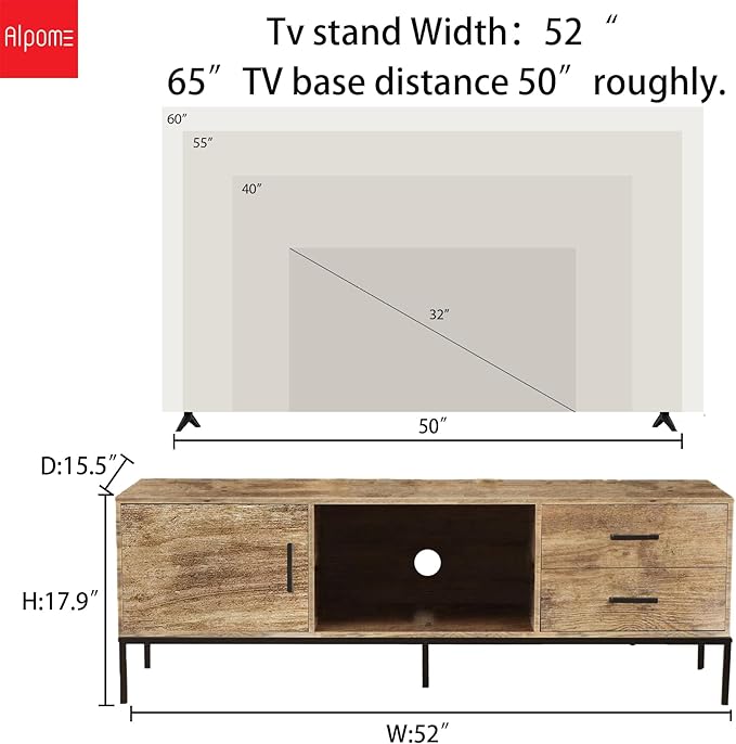 TV Stand for 55/60 Inch TV Modern Wood Entertainment Center with Storage 52 Media Console Table with 2 Drawers &amp Door Cabinet Television Stands for Living Room &amp Bedroom (Rustic Brown)