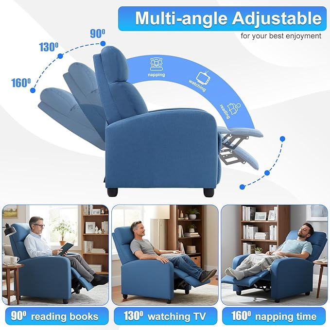BestMassage | Recliner Chair | No Massage Function | Textile Blue | with Lumbar Support Adjustable Push Back Wide Armrests Footrest &amp Padded Seat | Easy Assembly | for Living Room Home Theatre