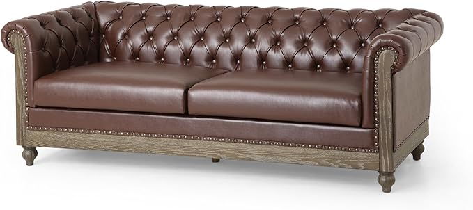 78.75 Upholstered Chesterfield Couch Modern 3 Seater Sofa with Tufted Back and Square Arms Wood Leg Nailhead Sofa for Living Room/Office/Apartment/Small Space PU Leather Dark Brown