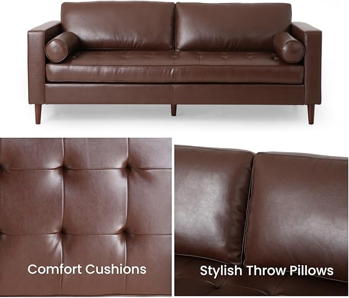 Merax Upholstered PU Sofa Classic 3 Seater Leather Couch with Wooden Legs for Living Room Bedroom Office Dark Brown