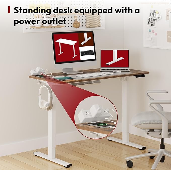 SANODESK Electric Standing Desk with Desk Clamp Power Strip 48x 24 Whole-Piece Desktop Height Adjustable Stand Up with Cable Management Sit Stand Home Office White Frame/Rustic Brown Top