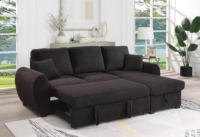 Lilola Home Veronica 95-inch Black Teddy Fleece Reversible Sleeper Sectional Sofa with Storage Chaise – Pull-Out Bed 2 Throw Pillows Pocket Coil Seating Modern L-Shape Couch