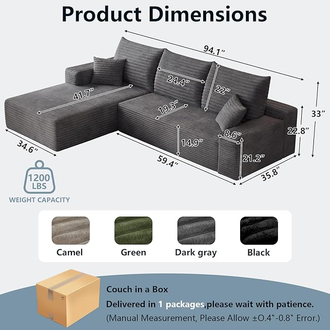 95 Cloud Sectional Couch with L-Shape Chaise Modern Corduroy Boneless Couch for Living RoomMemory Foam Sofa with Deep SeatNo Assembly Required (Dark GrayLeft-Facing Chaise)