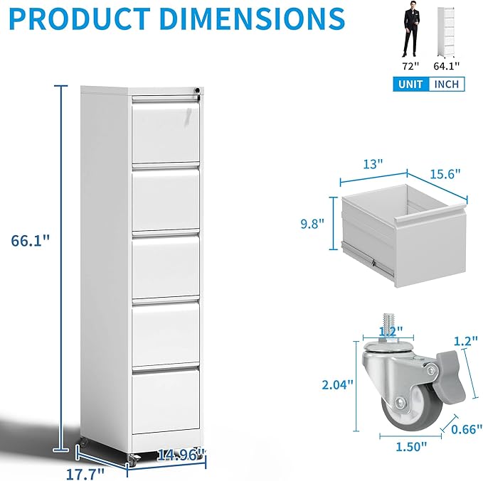 5 Drawer Rolling File Cabinet with Lock Metal Filing Cabinets on Wheels Vertical Steel Office Drawers Storage for Hanging Legal/Letter Folders Require Assembly (White)