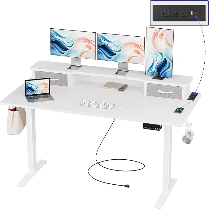 JOISCOPE 55 Inch Electric Standing Adjustable Height Desk with USB &amp Type-C Outlet Home Office Computer Gaming Desk with Display Riser and Double Drawer Sit Stand Desk White