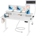 JOISCOPE 55 Inch Electric Standing Adjustable Height Desk with USB &amp Type-C Outlet Home Office Computer Gaming Desk with Display Riser and Double Drawer Sit Stand Desk White