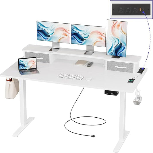 JOISCOPE 55 Inch Electric Standing Adjustable Height Desk with USB &amp Type-C Outlet Home Office Computer Gaming Desk with Display Riser and Double Drawer Sit Stand Desk White