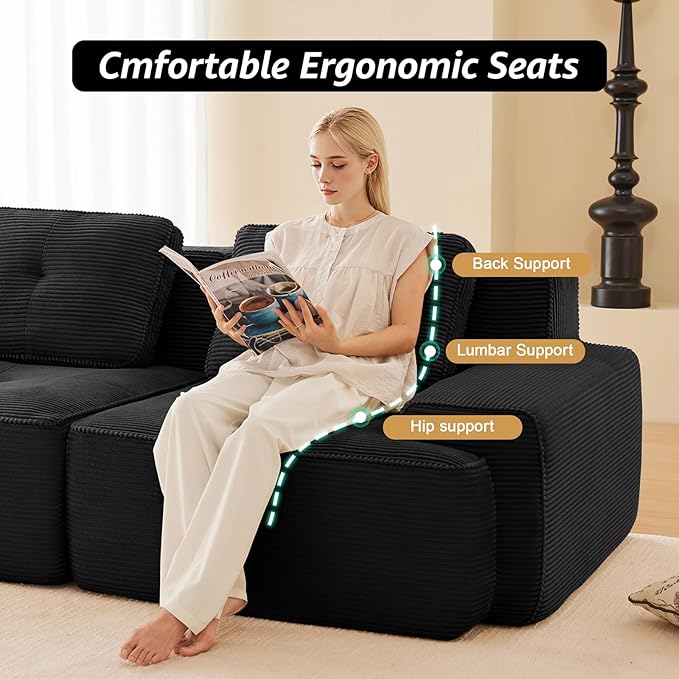 150 Modern Boneless Couches for Living Room Corduroy Cloud Couch Sectional Black Modular Sectional Sofa 4 Seater with 1 Ottoman Sofas para Sala L Shape Sofas &amp Couches (Black 4+1 Set)