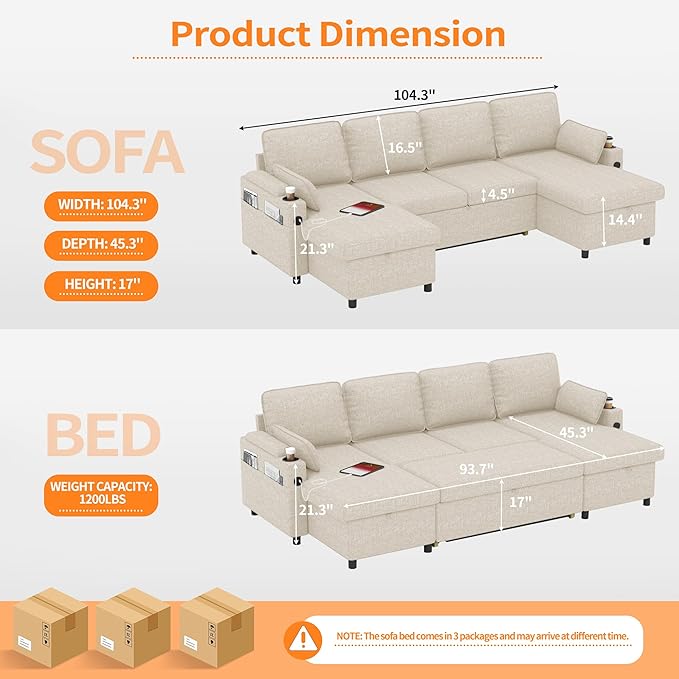 DURASPACE 104.3'' Sleeper Couch Pull Out Sofa Bed 2 in 1 Convertible Sofa Sleeper with Storage U Shaped Sectional Couch Bed for Small Spaces Living Room Bedroom Apartment (Beige)