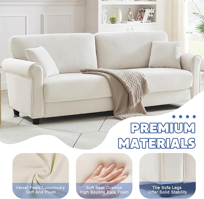 82.48 Velvet Upholstered Sofa Couch3 Seater Couch Loveseat Sofa Furniture Comfy Couches for Living Room Bedroom Small Space(Beige White)