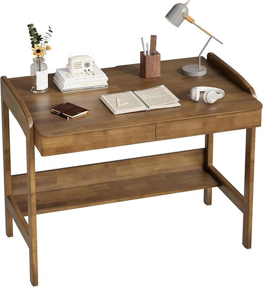100% Solid Wood Desk with Drawers - 40 Inch Mid Century Modern Desk Rubber Wood Vintage Desks Manual Standing &amp Adjustable Height Writing Desks for Bedroom|Small Spaces - Walnut Color