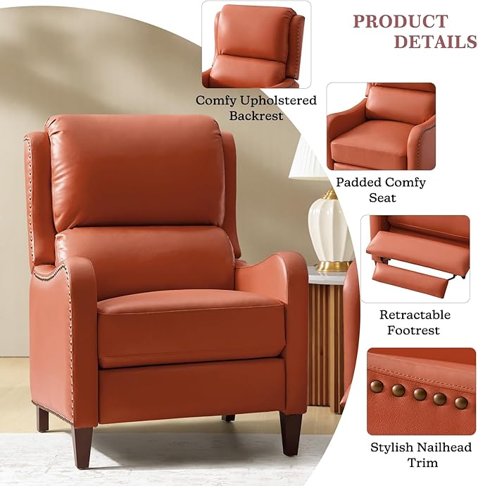 HULALA HOME Genuine Leather Recliner Chair Modern Push Back Recliner Armchair with Thick Seat Backrest &amp Footrest Nailhead Decor for Living Room Bedroom Brick