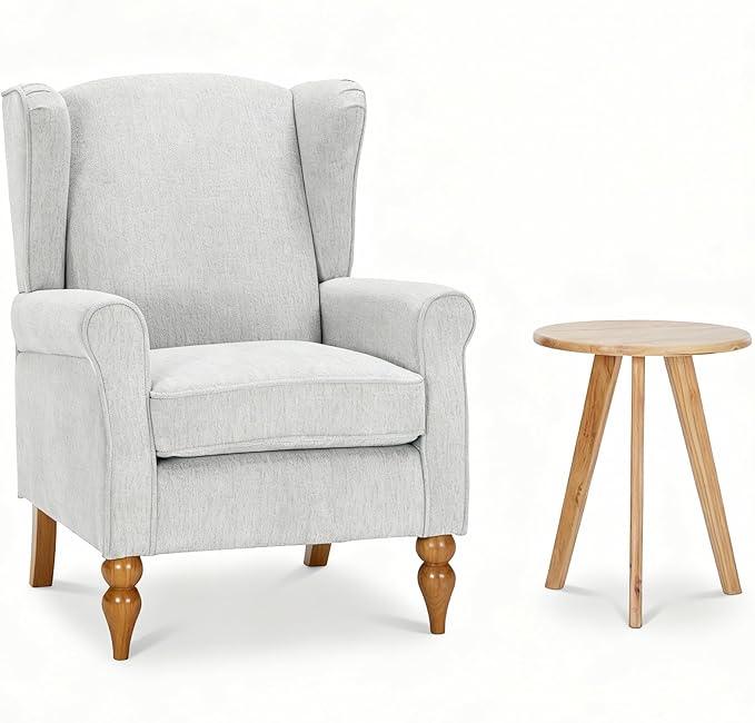 Modern Wingback Living Room Chair Upholstered Accent Armchair Single Sofa Chair with Lounge Seat and Wood Legs for Office/Bedroom/Reading Spaces Beige