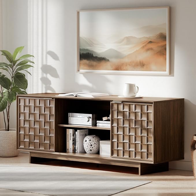 COLAMY TV Stand with Two Doors Entertainment Center 59 with Adjustable Shelves and Storage Mid-Century Modern TV Stand for 50/55/65 inch TV Media Console Cabinet for Living Room Bedroom Walnut