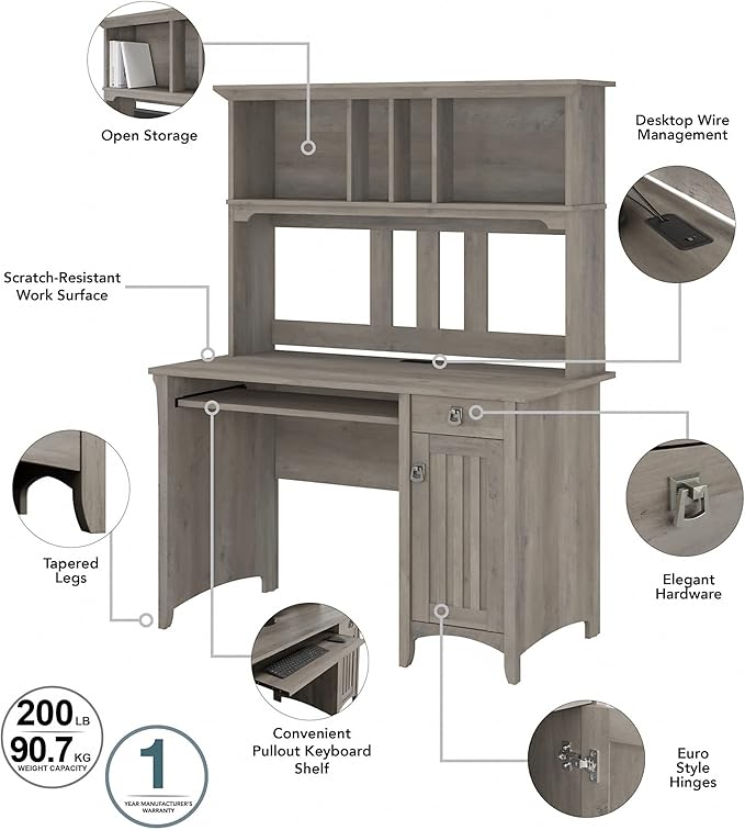 Bush Furniture Salinas Computer Desk with Hutch | Study Table with Drawers Cabinets &amp Pullout Keyboard/Laptop Tray | Modern Home Office Desk in Driftwood Gray | Work Desk with Storage