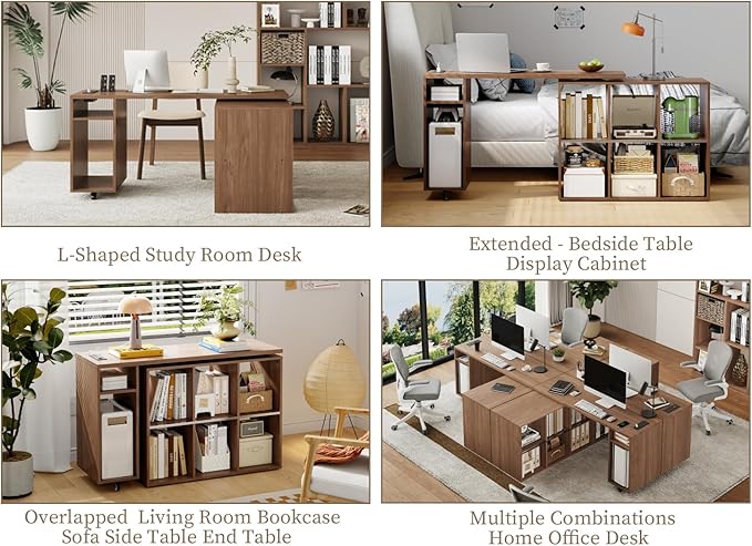 L-Shaped Desk with Storage–Small Study Table with Charging Station Rotating Writing Desk &amp Corner Computer Desk for Home Office 67” Long Bed Side Table（Oak）