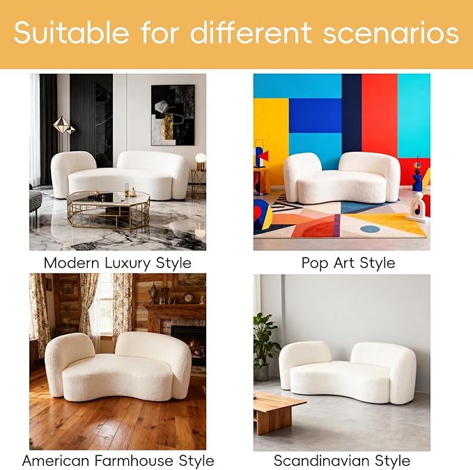 Curved couches for Living Room 2-Seat Luxury Couch 68'' Solid Wood and High-Density Foam Lamb Fleece for Small Space Bedroom Apartment Home Office White