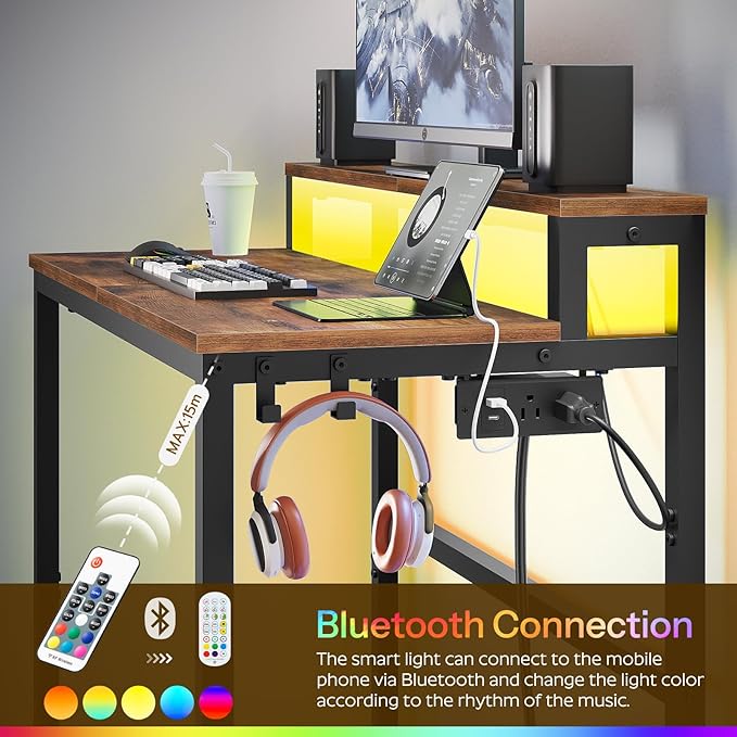 Small Computer Desk with Charging Station and LED Lights Gaming Desk with Monitor Stand 2-Tier Home Office Desk with 4 Side Hooks for Living Room Home Office Rustic Brown DN01UDBRY2