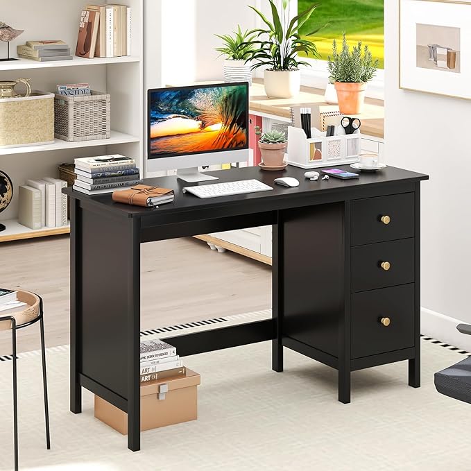 GOFLAME Computer Desk w/ 3 Drawers 48 Wide Writing Desk with Storage Laptop Study Desk w/Anti-tip Kit Modern Home Office Desk Wooden Workstation Vanity Table for Study OfficeBlack