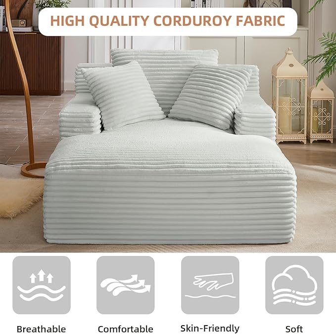 Oversized Chaise Lounge Chair Indoor Corduroy Sofa Bed with Throw Pillows Recliner Chair Comfy Large Deep Seat Sofa Couch for Living Room Bedroom Apartment (Light Grey)
