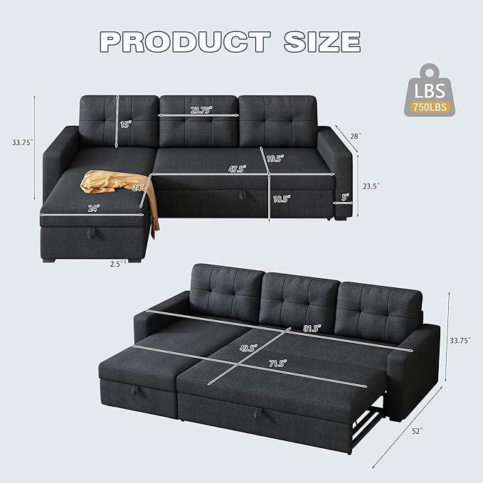 L-Shape Reversible Sectional Sleeper Sofa Bed 4 in 1 Pull Out Couch with Storage Chaise &amp Removable Back CushionsConvertible Sleeper Corner Couch Pull-Out Sofa Bed for Living RoomOffice