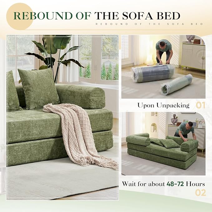 3 in 1 Convertible Futon Sofa Bed Modern King Size Chenille Loveseat Sleeper Sofa Folding 3-Seater Foldable Lounger Couch Bed for Living Room Bedroom Guest Room (Green 3 Throw Pillows)