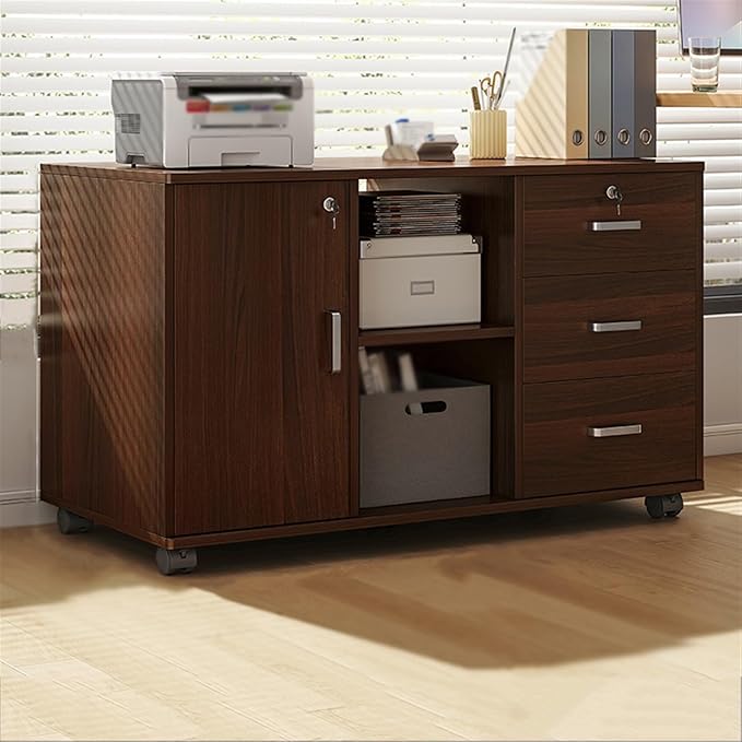 File Cabinet Office File Cabinet Under Desk Storage Cabinet Three Drawers Two Compartments One Door Storage Cabinet Wooden Locking Plant Sideboards Archive Cabinet(Color:Bruin)